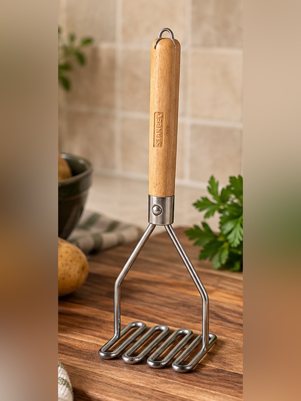 Vintage Stanley Extra Long 24” Potato Masher Wood Handle Oversized Kitchen Tool